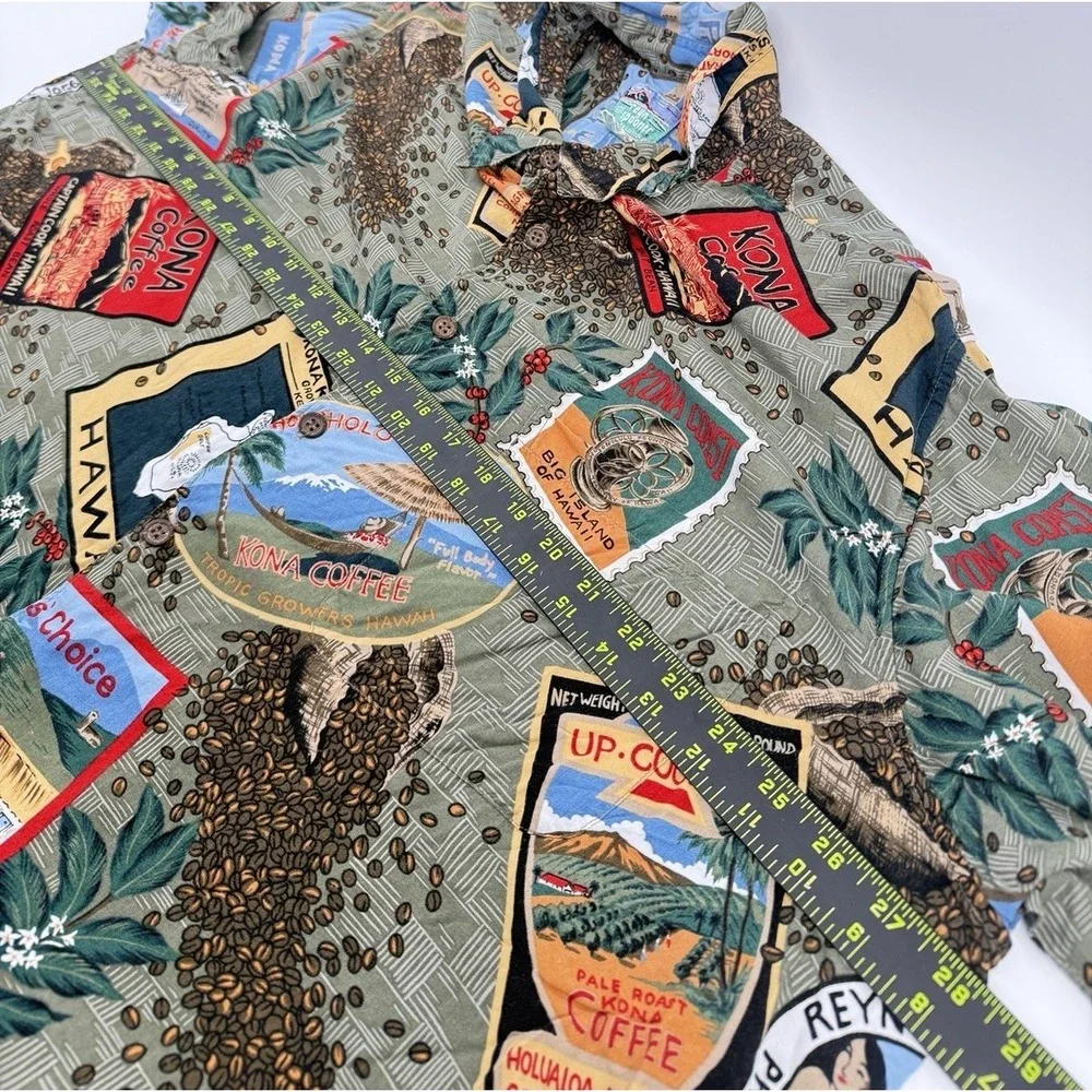 Reyn‎ Spooner Polo Shirt Full Cut 2XL Kona Coffee Bean Postcard Hawaiian